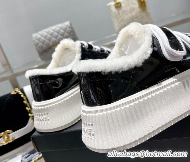 Good Product Chanel Patent Leather and Wool Platform Sneakers Black 122285