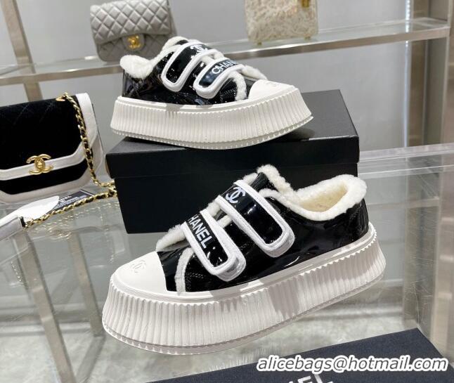 Good Product Chanel Patent Leather and Wool Platform Sneakers Black 122285