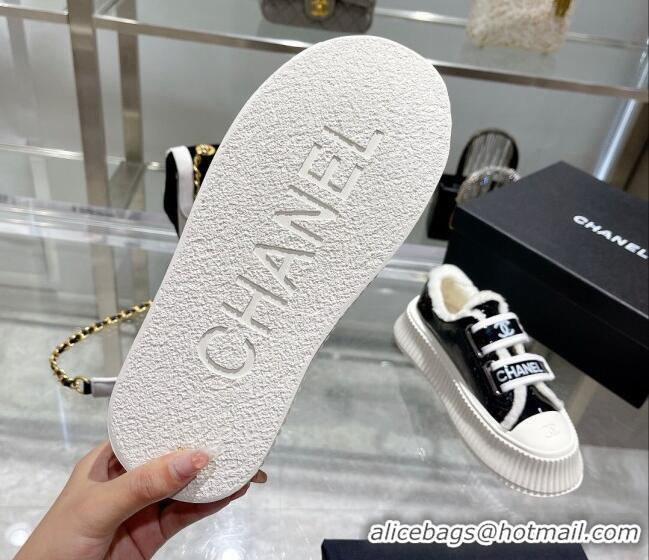 Good Product Chanel Patent Leather and Wool Platform Sneakers Black 122285