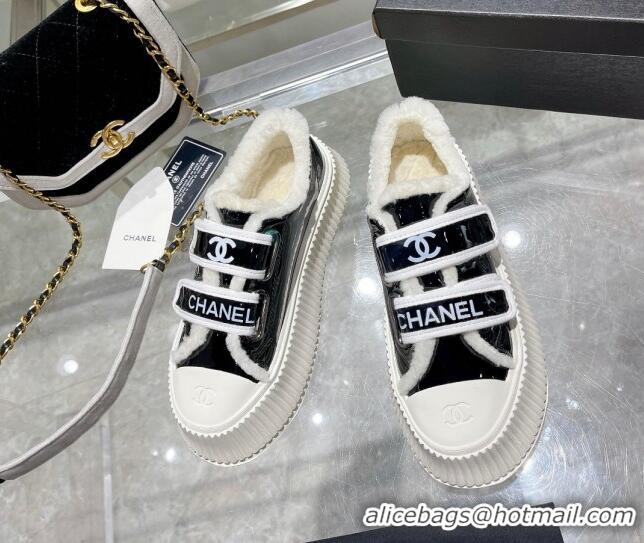 Good Product Chanel Patent Leather and Wool Platform Sneakers Black 122285