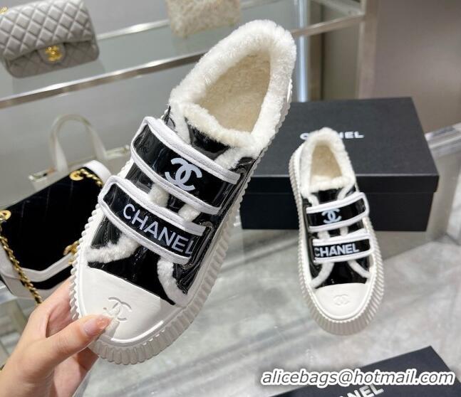 Good Product Chanel Patent Leather and Wool Platform Sneakers Black 122285