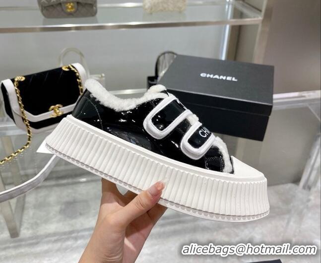 Good Product Chanel Patent Leather and Wool Platform Sneakers Black 122285