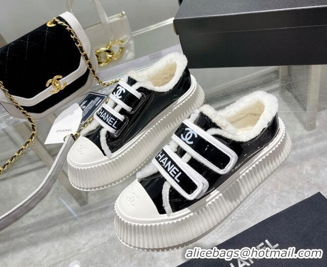 Good Product Chanel Patent Leather and Wool Platform Sneakers Black 122285