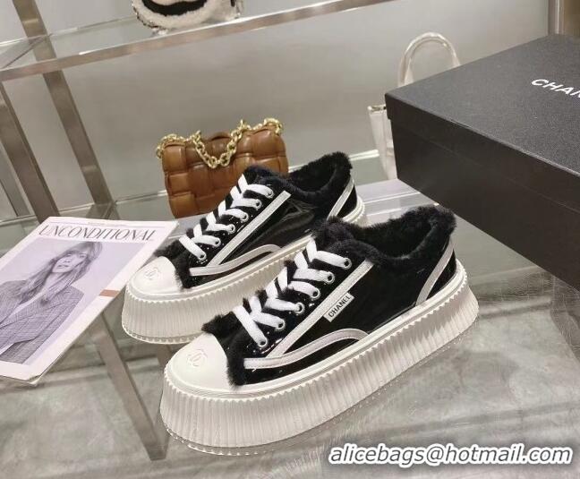 Stylish Chanel Patent Leather and Wool Platform Sneakers Black 122286