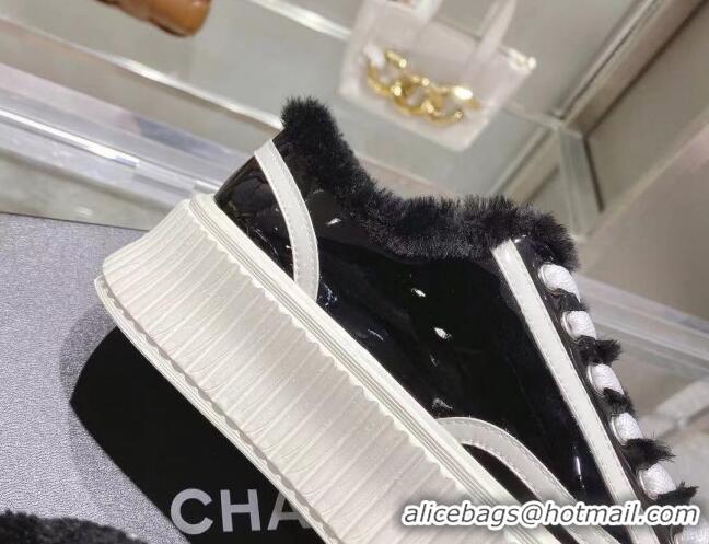 Stylish Chanel Patent Leather and Wool Platform Sneakers Black 122286