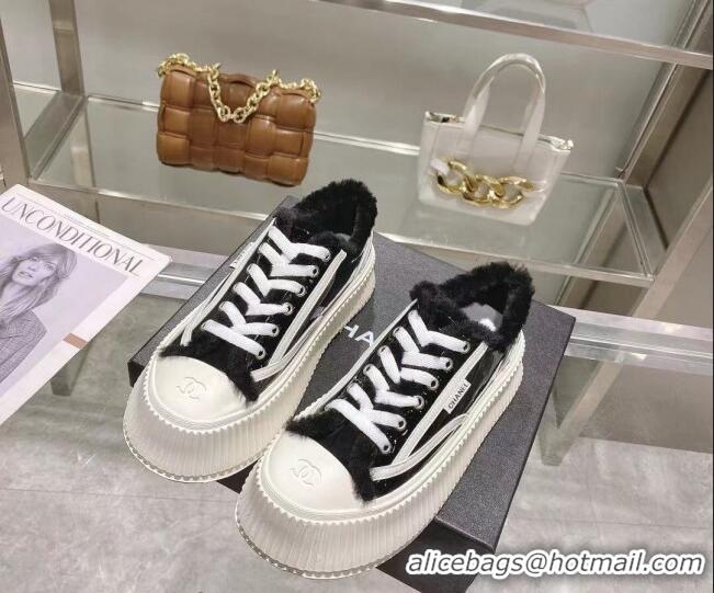 Stylish Chanel Patent Leather and Wool Platform Sneakers Black 122286