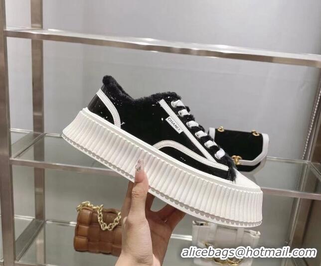 Stylish Chanel Patent Leather and Wool Platform Sneakers Black 122286