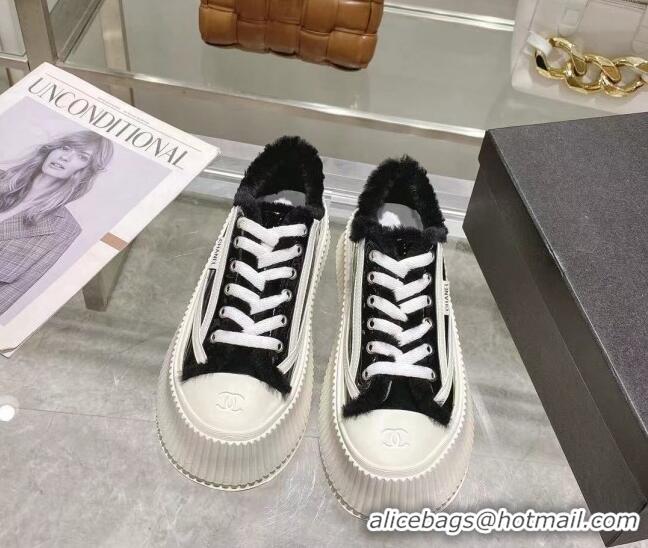 Stylish Chanel Patent Leather and Wool Platform Sneakers Black 122286