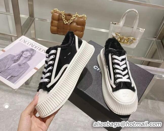 Stylish Chanel Patent Leather and Wool Platform Sneakers Black 122286