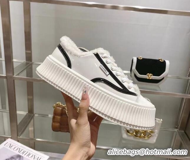 Duplicate Chanel Patent Leather and Wool Platform Sneakers White 122288