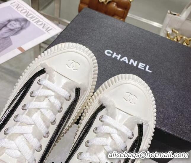 Duplicate Chanel Patent Leather and Wool Platform Sneakers White 122288