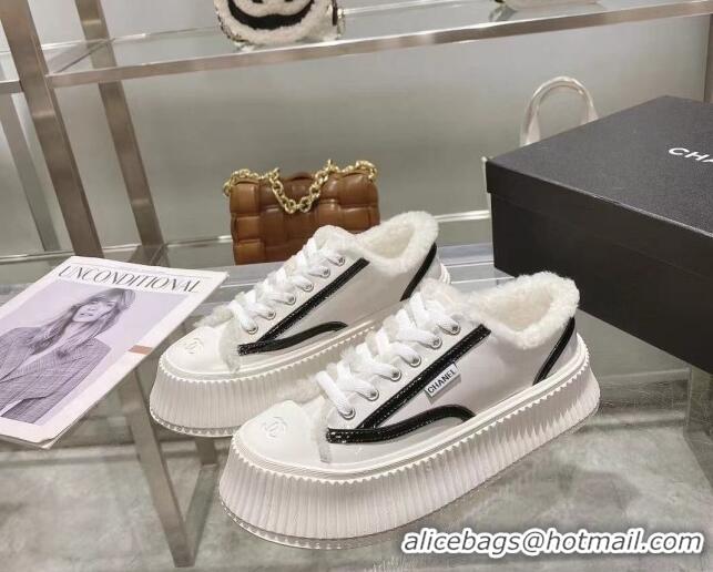 Duplicate Chanel Patent Leather and Wool Platform Sneakers White 122288