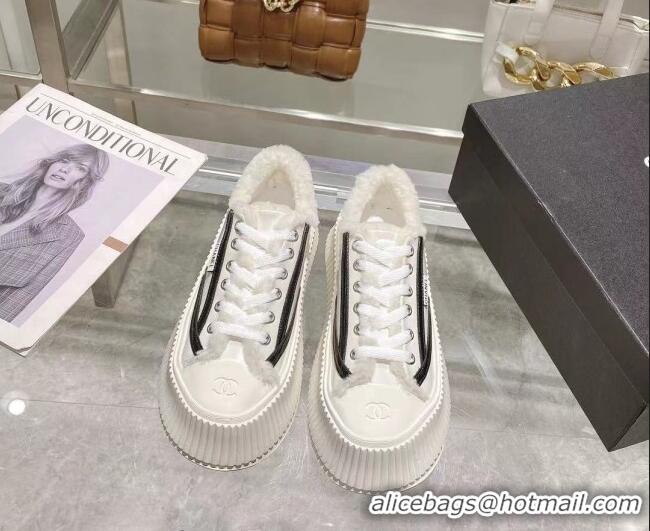 Duplicate Chanel Patent Leather and Wool Platform Sneakers White 122288