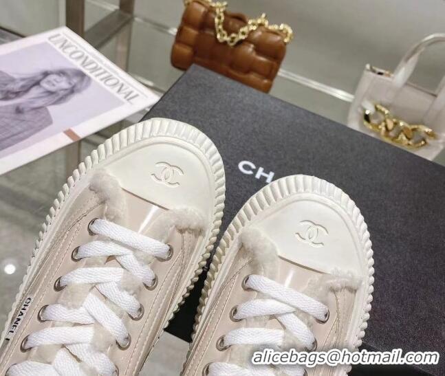 Best Product Chanel Patent Leather and Wool Platform Sneakers Apricot 122289