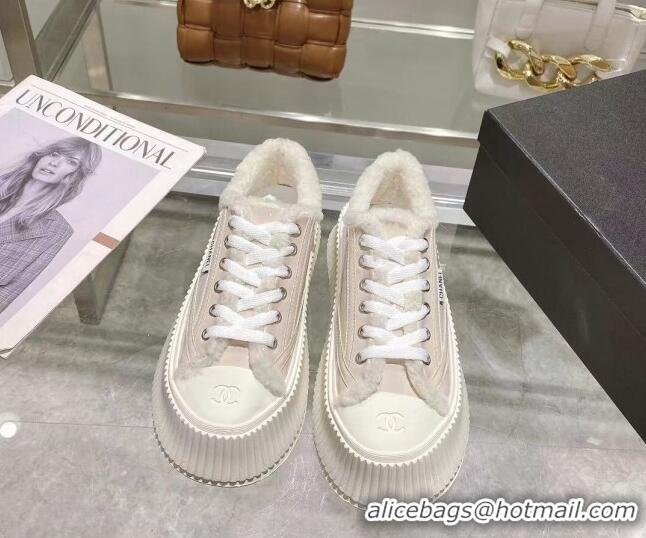 Best Product Chanel Patent Leather and Wool Platform Sneakers Apricot 122289