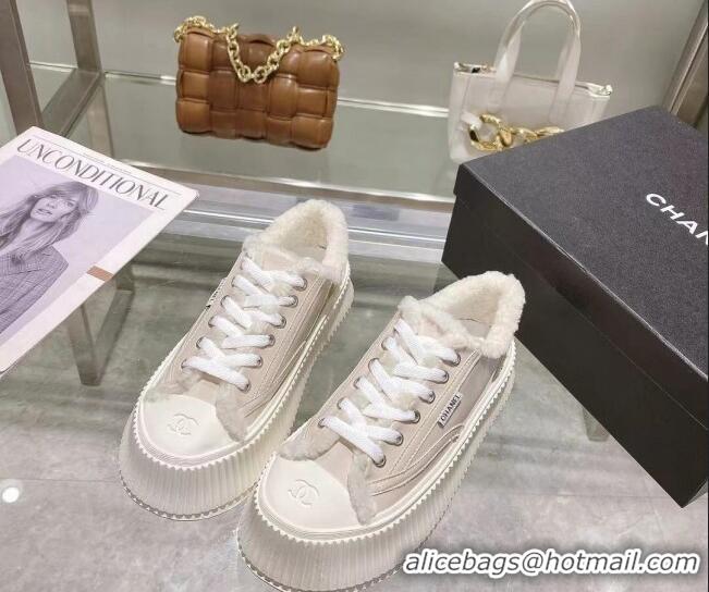 Best Product Chanel Patent Leather and Wool Platform Sneakers Apricot 122289