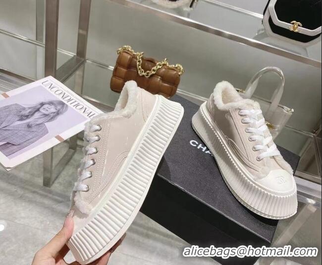 Best Product Chanel Patent Leather and Wool Platform Sneakers Apricot 122289