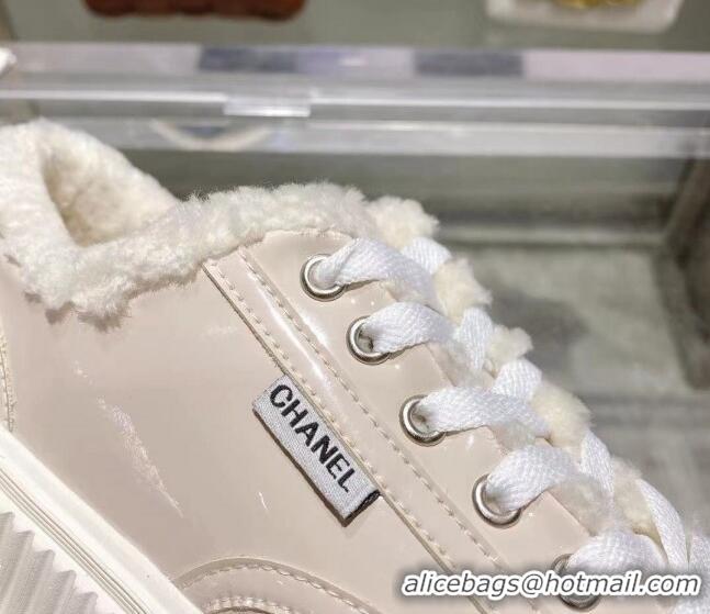 Best Product Chanel Patent Leather and Wool Platform Sneakers Apricot 122289