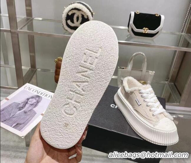 Best Product Chanel Patent Leather and Wool Platform Sneakers Apricot 122289