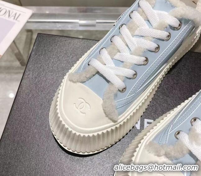 Sophisticated Chanel Patent Leather and Wool Platform Sneakers Blue 122290 