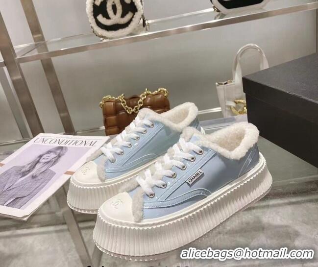 Sophisticated Chanel Patent Leather and Wool Platform Sneakers Blue 122290 