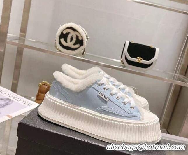 Sophisticated Chanel Patent Leather and Wool Platform Sneakers Blue 122290 