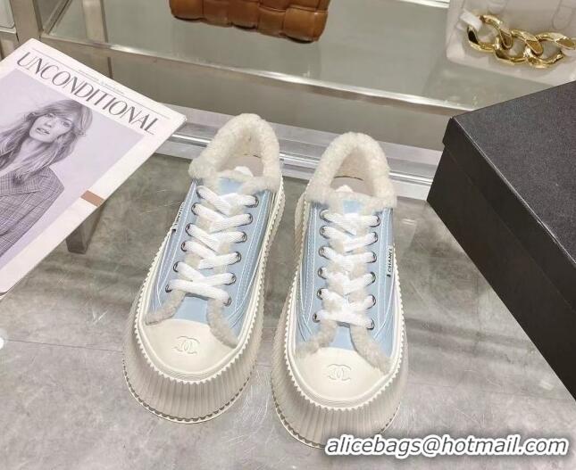 Sophisticated Chanel Patent Leather and Wool Platform Sneakers Blue 122290 