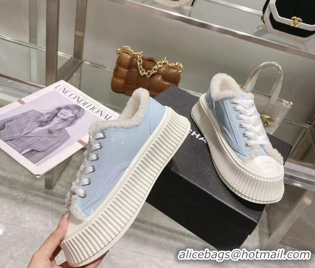 Sophisticated Chanel Patent Leather and Wool Platform Sneakers Blue 122290 