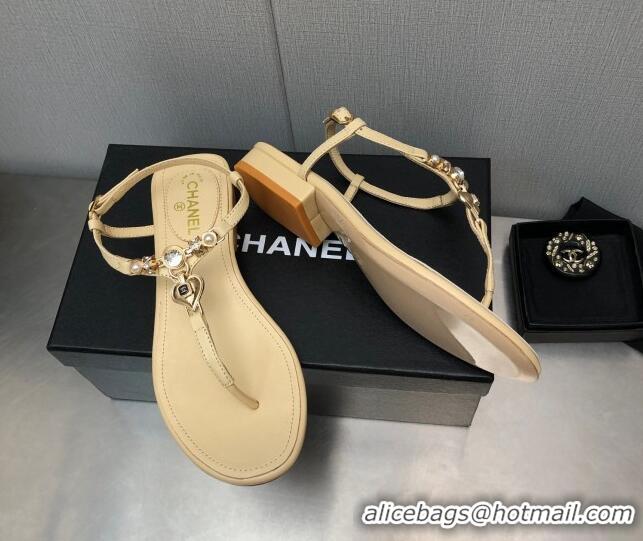 Stylish Chanel Lambskin Flat Sandals with Love Charm G39674 Apricot 122755