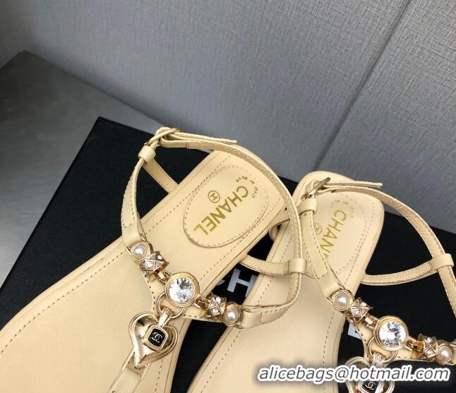 Stylish Chanel Lambskin Flat Sandals with Love Charm G39674 Apricot 122755