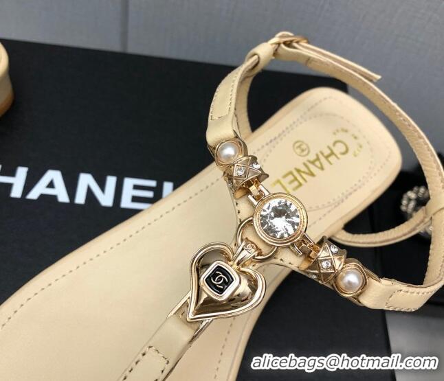 Stylish Chanel Lambskin Flat Sandals with Love Charm G39674 Apricot 122755