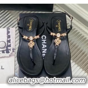 Popular Style Chanel Lambskin Flat Sandals with Love Charm G39674 Black 122750