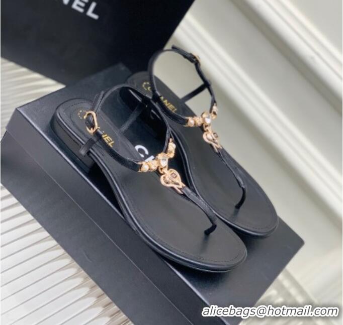 Popular Style Chanel Lambskin Flat Sandals with Love Charm G39674 Black 122750