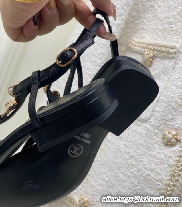 Popular Style Chanel Lambskin Flat Sandals with Love Charm G39674 Black 122750