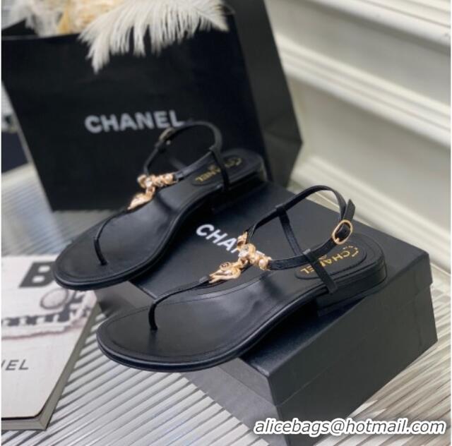 Popular Style Chanel Lambskin Flat Sandals with Love Charm G39674 Black 122750