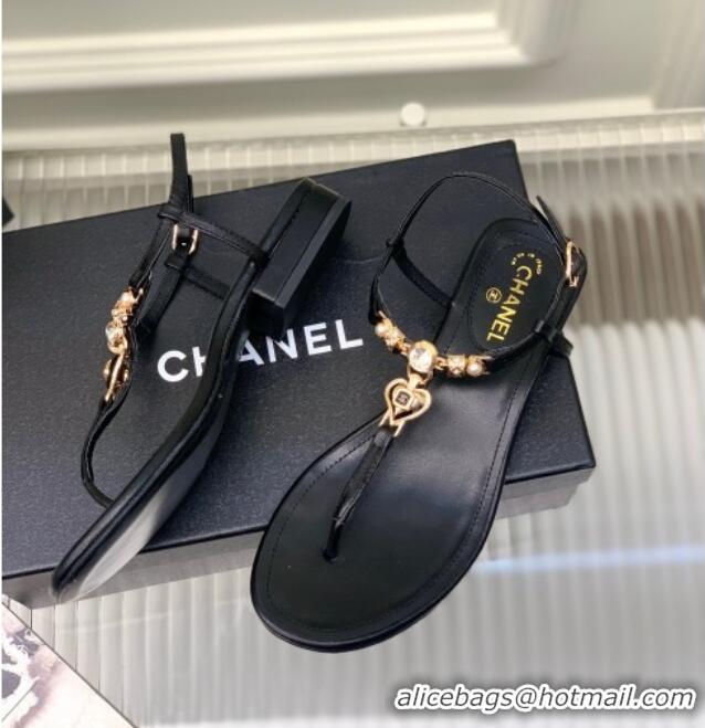 Popular Style Chanel Lambskin Flat Sandals with Love Charm G39674 Black 122750