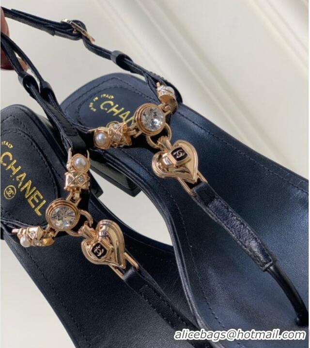 Popular Style Chanel Lambskin Flat Sandals with Love Charm G39674 Black 122750