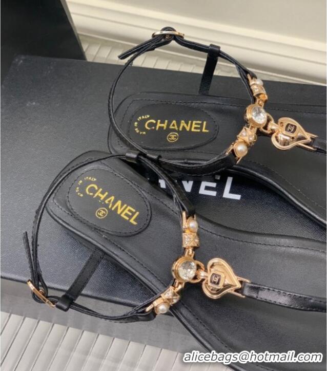 Popular Style Chanel Lambskin Flat Sandals with Love Charm G39674 Black 122750