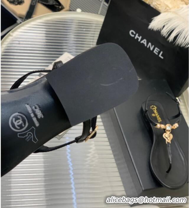 Popular Style Chanel Lambskin Flat Sandals with Love Charm G39674 Black 122750