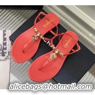 Top Design Chanel Lambskin Flat Sandals with Love Charm G39674 Red 122751