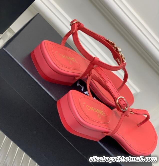 Top Design Chanel Lambskin Flat Sandals with Love Charm G39674 Red 122751