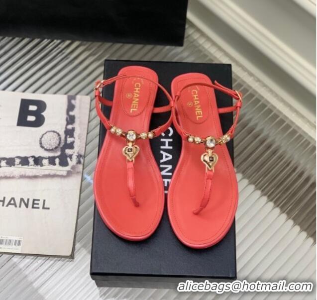 Top Design Chanel Lambskin Flat Sandals with Love Charm G39674 Red 122751