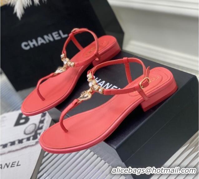 Top Design Chanel Lambskin Flat Sandals with Love Charm G39674 Red 122751