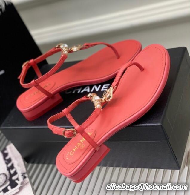 Top Design Chanel Lambskin Flat Sandals with Love Charm G39674 Red 122751