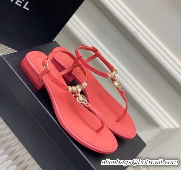 Top Design Chanel Lambskin Flat Sandals with Love Charm G39674 Red 122751