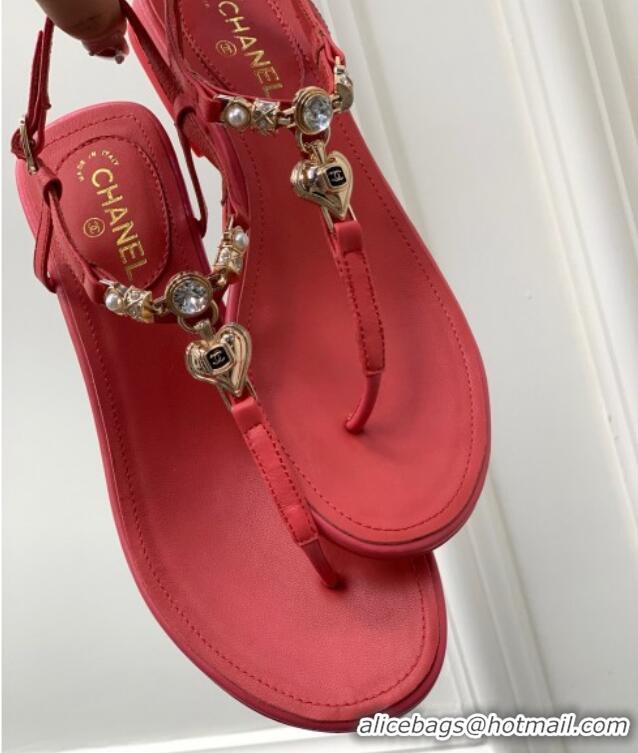 Top Design Chanel Lambskin Flat Sandals with Love Charm G39674 Red 122751