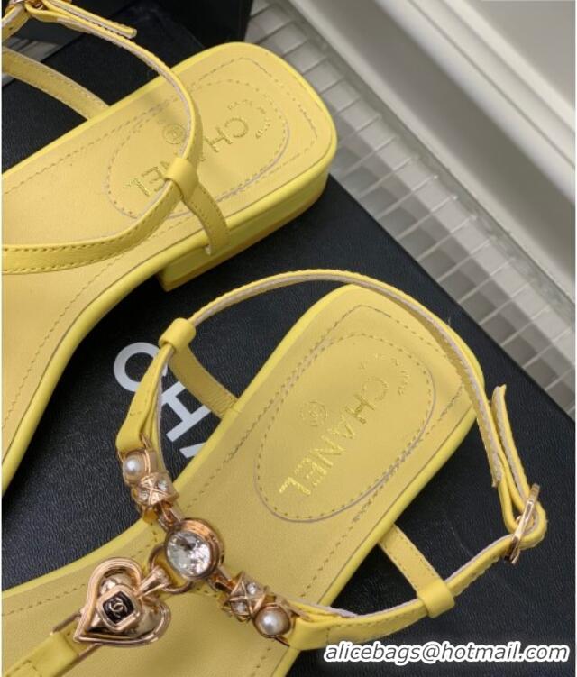 Good Product Chanel Lambskin Flat Sandals with Love Charm G39674 Yellow 122752