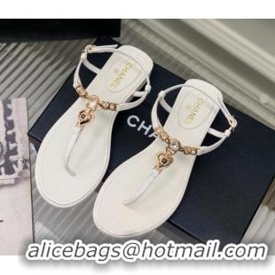 Good Quality Chanel Lambskin Flat Sandals with Love Charm G39674 White 122753