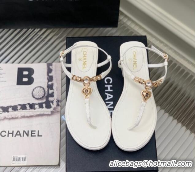 Good Quality Chanel Lambskin Flat Sandals with Love Charm G39674 White 122753