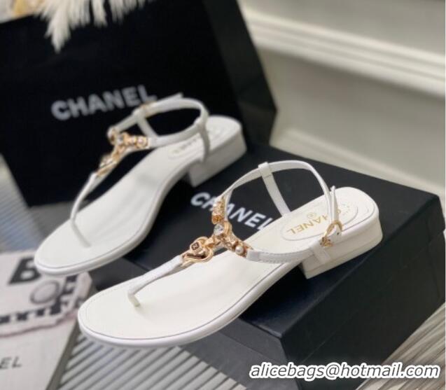 Good Quality Chanel Lambskin Flat Sandals with Love Charm G39674 White 122753